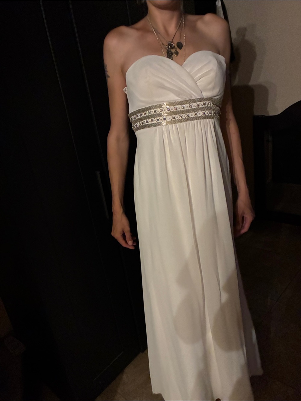 GiGi Strapless White Empire Waist Evening Gown with Beaded Band sz.8